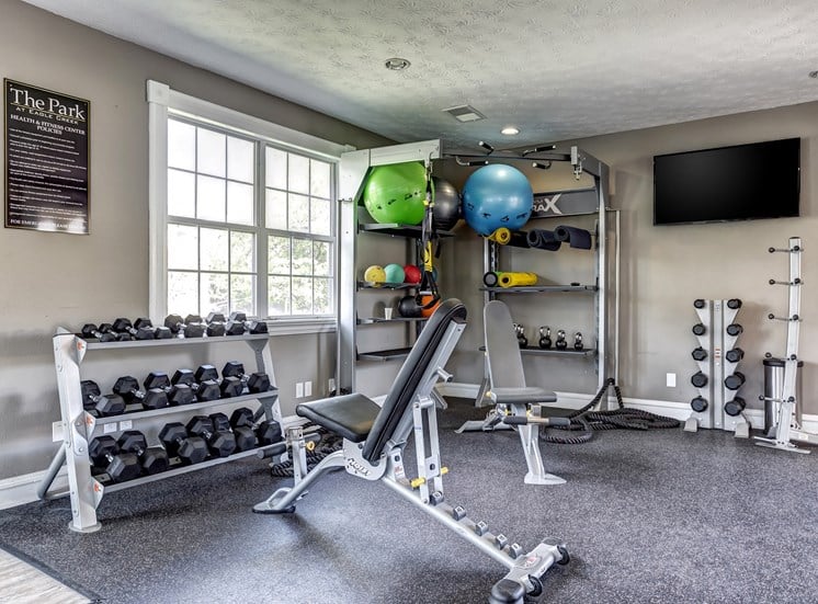 Fitness center with free weights and exercise balls